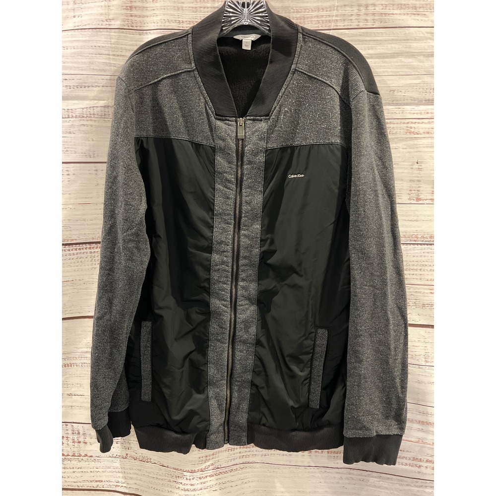 Calvin Klein Mens Mixed Media Full Zip Bomber Jacket Grey Black Large RN36543